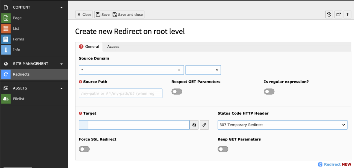 Screenshot of the TYPO3 redirect module